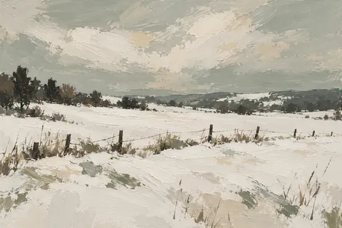 A snowfield with one dark fence line in cream, stone, gray, charcoal; landscape artwork.