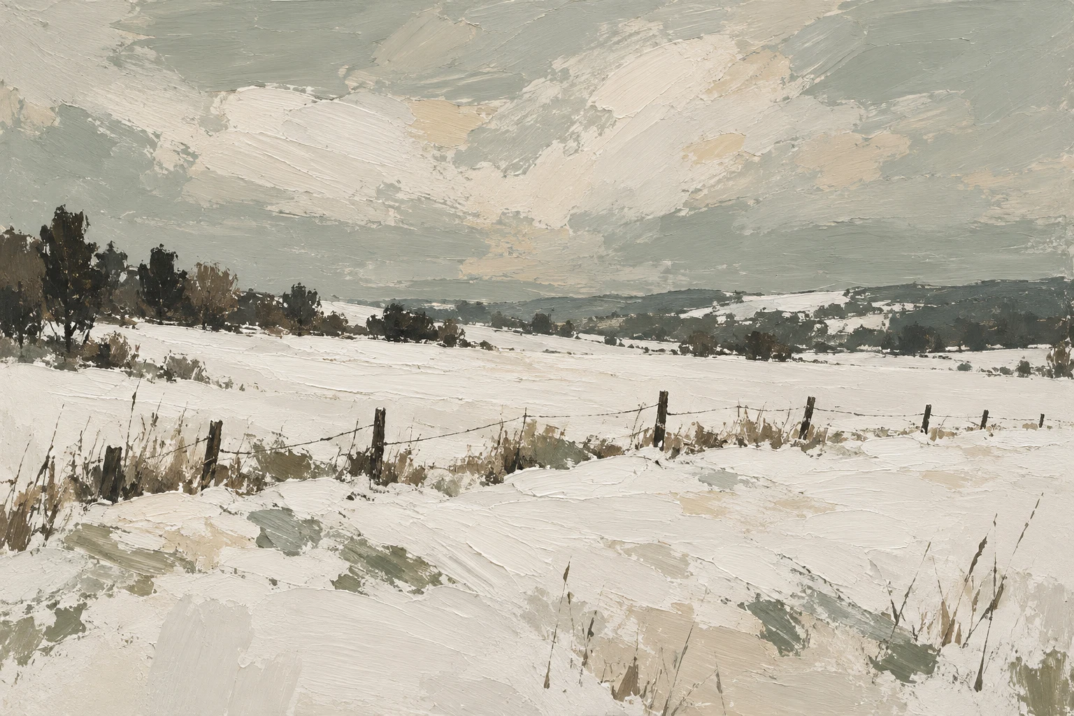 A snowfield with one dark fence line in cream, stone, gray, charcoal; landscape artwork.