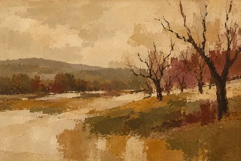 An orchard in winter in sand, ochre, brown, olive; landscape artwork.