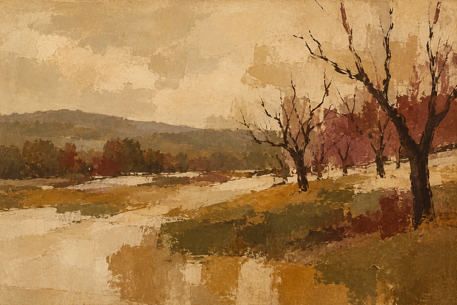 An orchard in winter in sand, ochre, brown, olive; landscape artwork.