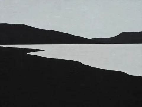 A mountain lake, still in black, stone; landscape artwork.