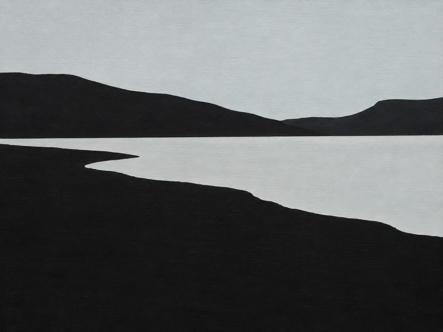 A mountain lake, still in black, stone; landscape artwork.