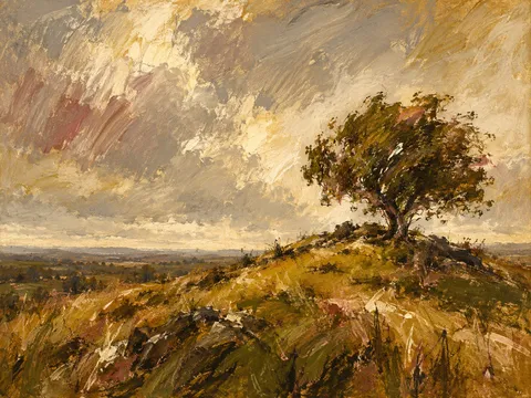 A hill with one tree at the top in sand, sage, brown, olive; landscape artwork.