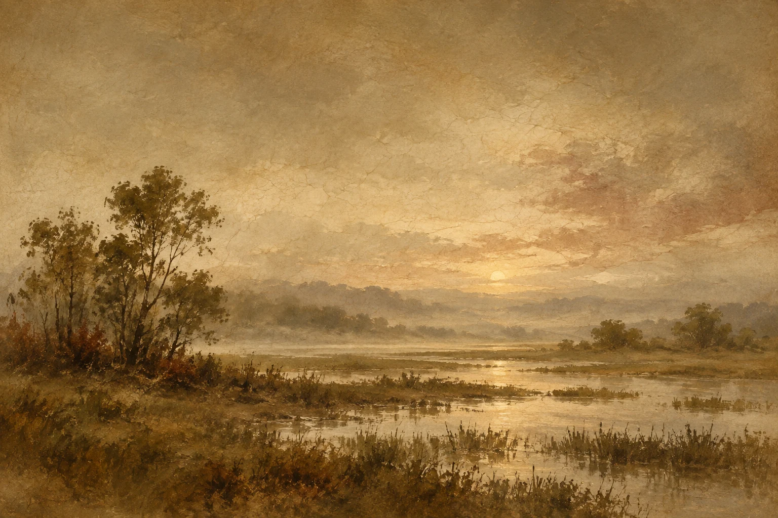 A marsh at first light in ochre, sand, taupe, brown; landscape artwork.