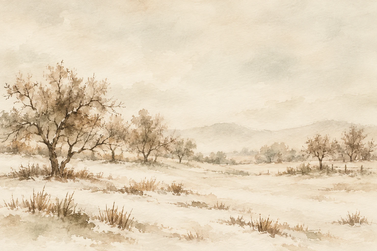 An orchard in winter in cream, stone, sage; landscape artwork.
