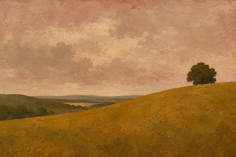A hill with one tree at the top in blush, ochre, terracotta, rust; landscape artwork.