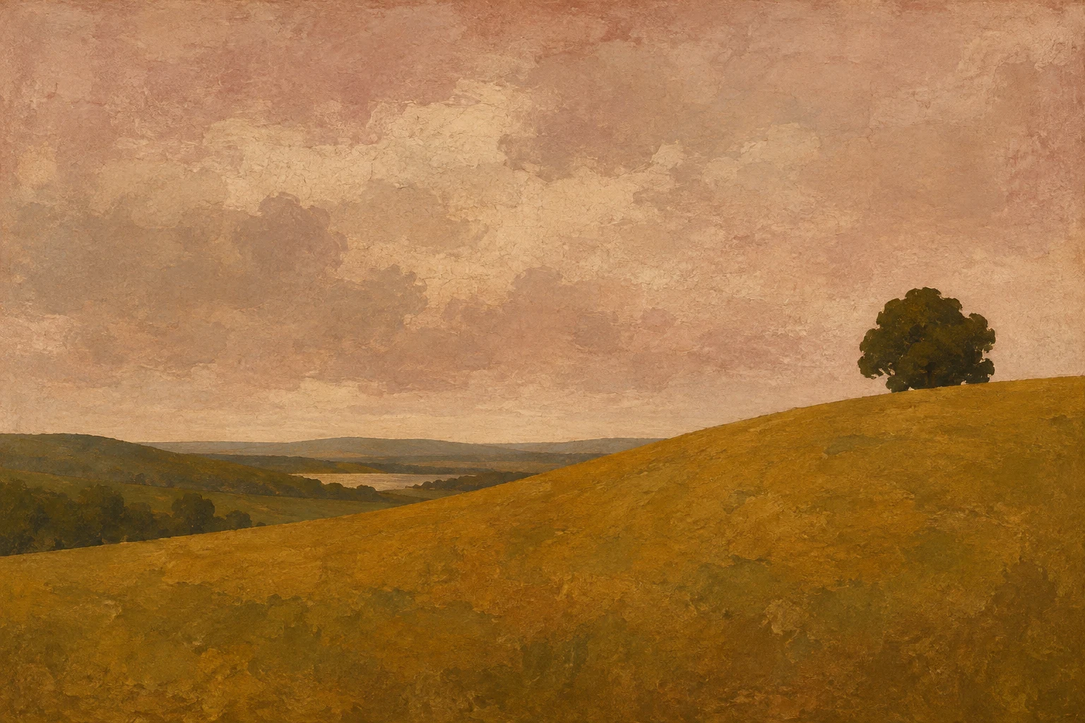 A hill with one tree at the top in blush, ochre, terracotta, rust; landscape artwork.