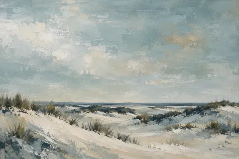 A dune field with sparse grass in stone, gray, cream, charcoal; landscape artwork.