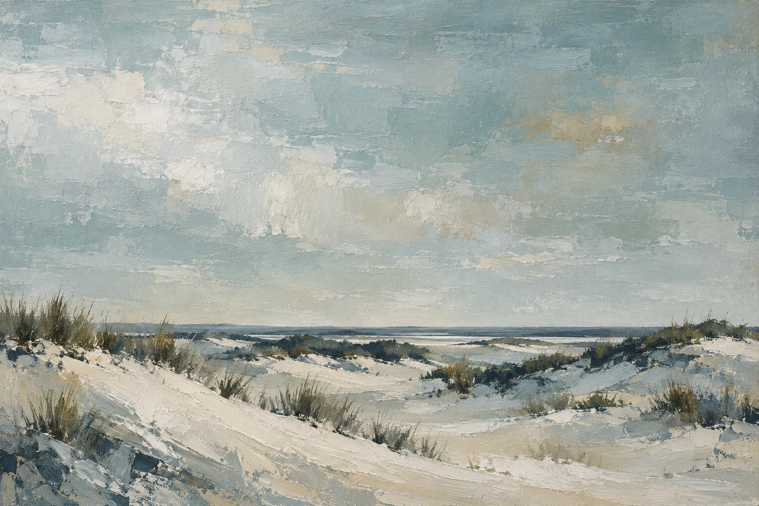 A dune field with sparse grass in stone, gray, cream, charcoal; landscape artwork.
