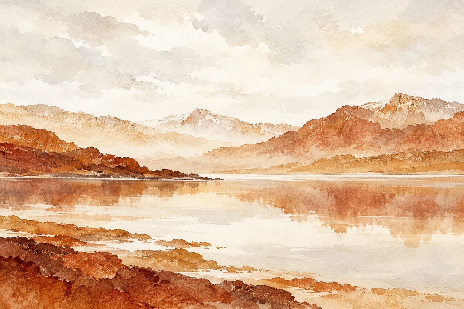 A mountain lake, still in cream, white, ochre, sand; landscape artwork.