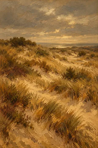 A dune field with sparse grass in ochre, taupe, rust, terracotta; portrait artwork.