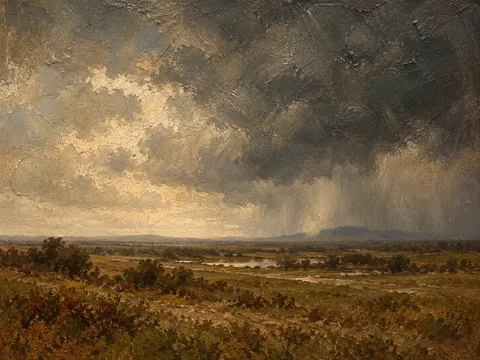 A wide plain with a distant storm in brown, charcoal, sage, olive; landscape artwork.