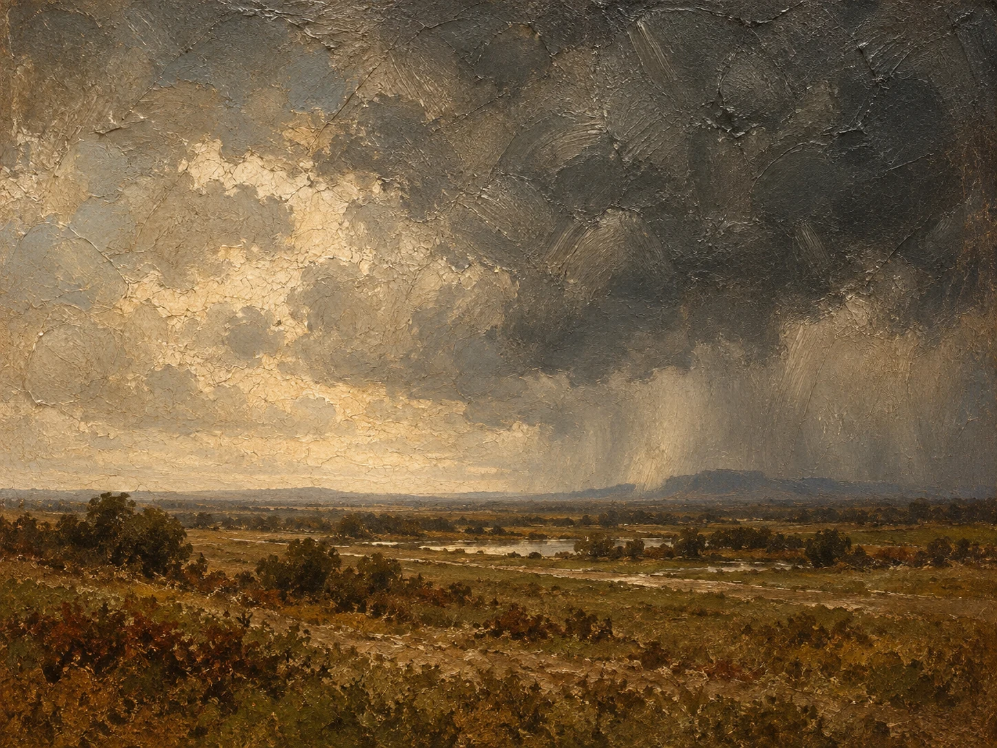 A wide plain with a distant storm in brown, charcoal, sage, olive; landscape artwork.