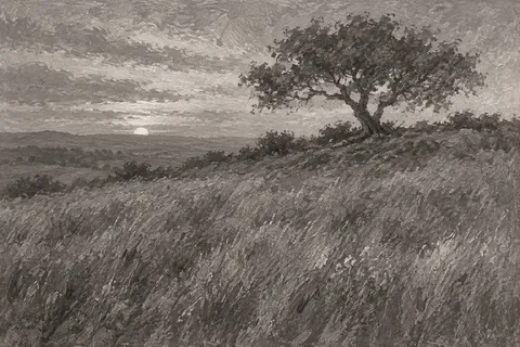 A single tree line on a ridge at dusk in charcoal, gray, stone; landscape artwork.