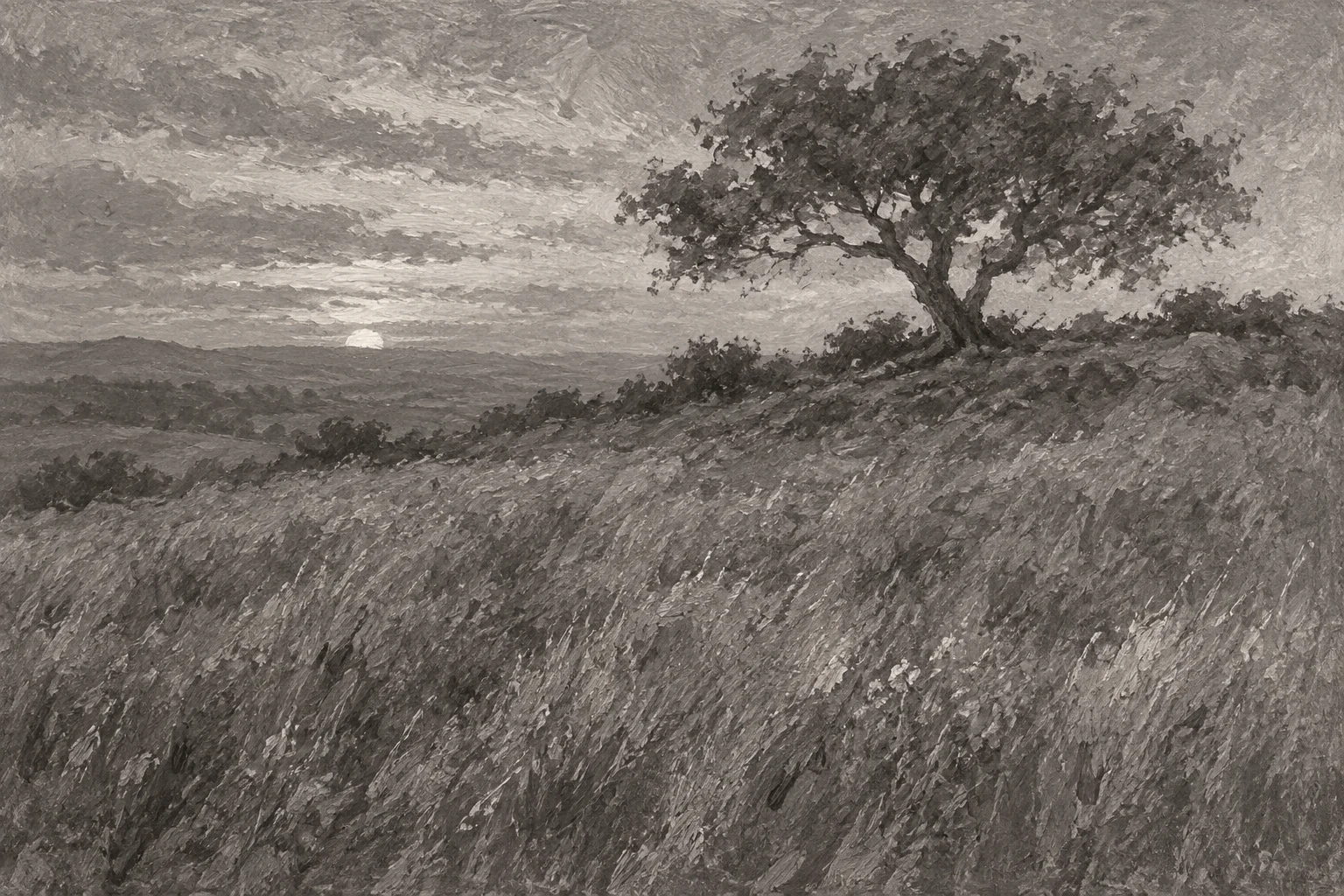 A single tree line on a ridge at dusk in charcoal, gray, stone; landscape artwork.