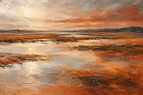 A flooded field reflecting a pale sky in sand, rust, terracotta, brown; landscape artwork.