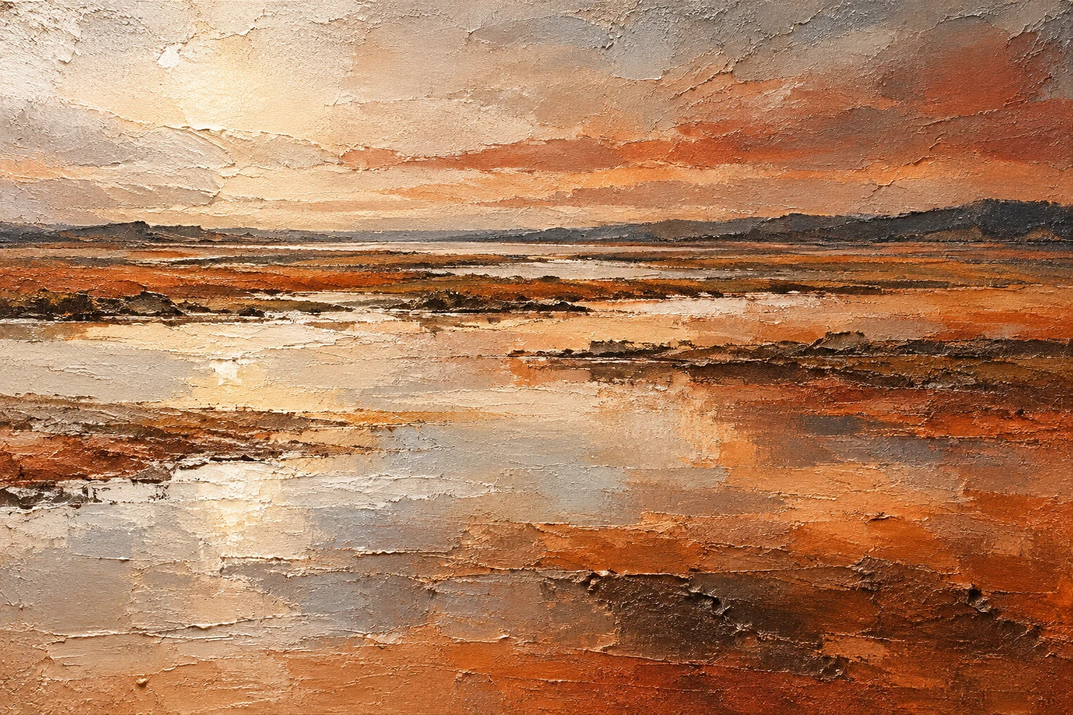 A flooded field reflecting a pale sky in sand, rust, terracotta, brown; landscape artwork.