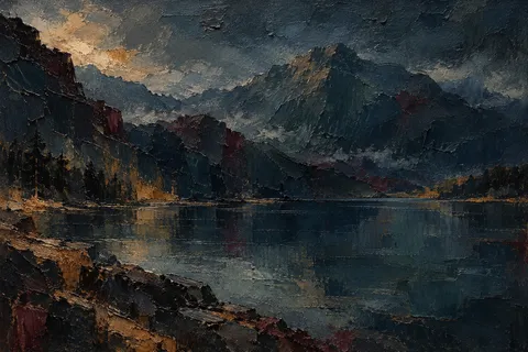 A mountain lake, still in black, charcoal, navy; landscape artwork.