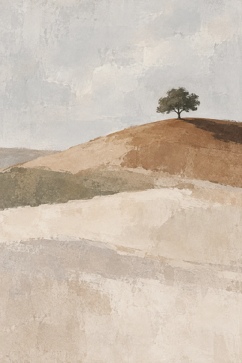 A hill with one tree at the top in cream, stone, taupe; portrait artwork.