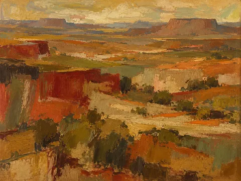 High desert with soft mesas in rust, brown, terracotta, sand; landscape artwork.