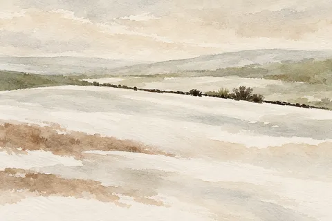 A snowfield with one dark fence line in cream, white, stone, sand; landscape artwork.