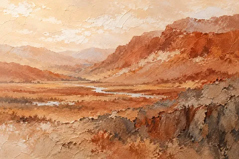 A valley floor with a thin silver stream in cream, blush, ochre, terracotta; landscape artwork.