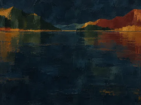 A mountain lake, still in black, brown; landscape artwork.