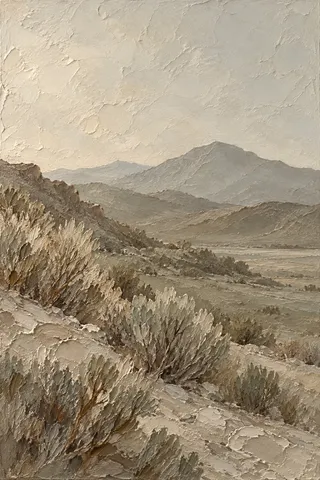 Scrubland with distant hills in stone, olive, gray, taupe; portrait artwork.
