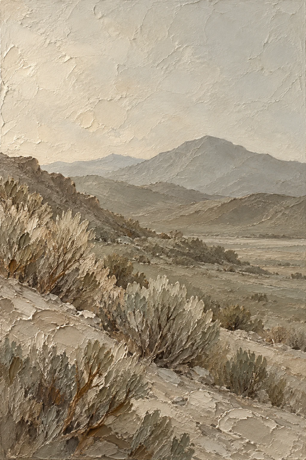 Scrubland with distant hills in stone, olive, gray, taupe; portrait artwork.