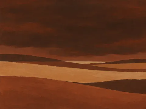 A wheat field under a heavy sky in burgundy, rust, terracotta; landscape artwork.