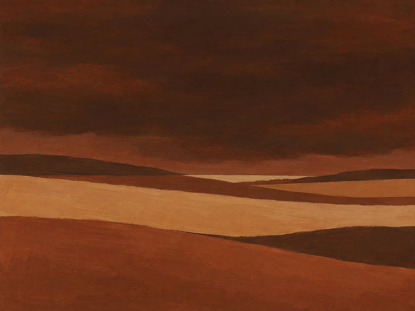 A wheat field under a heavy sky in burgundy, rust, terracotta; landscape artwork.