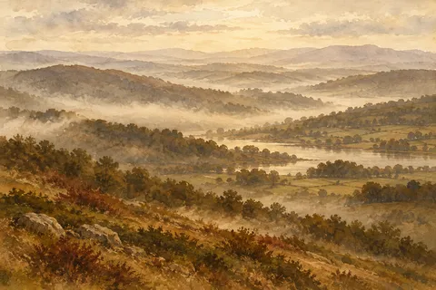 Rolling hills dissolving into haze in ochre, brown, stone, cream; landscape artwork.