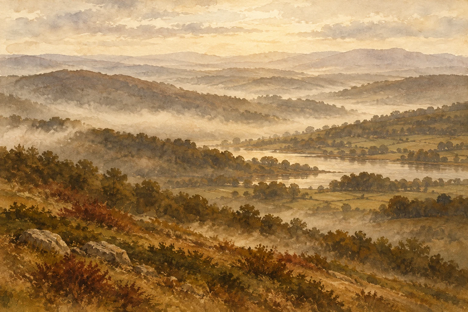 Rolling hills dissolving into haze in ochre, brown, stone, cream; landscape artwork.