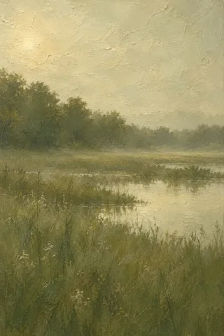 A marsh at first light in olive, stone, cream, sand; portrait artwork.