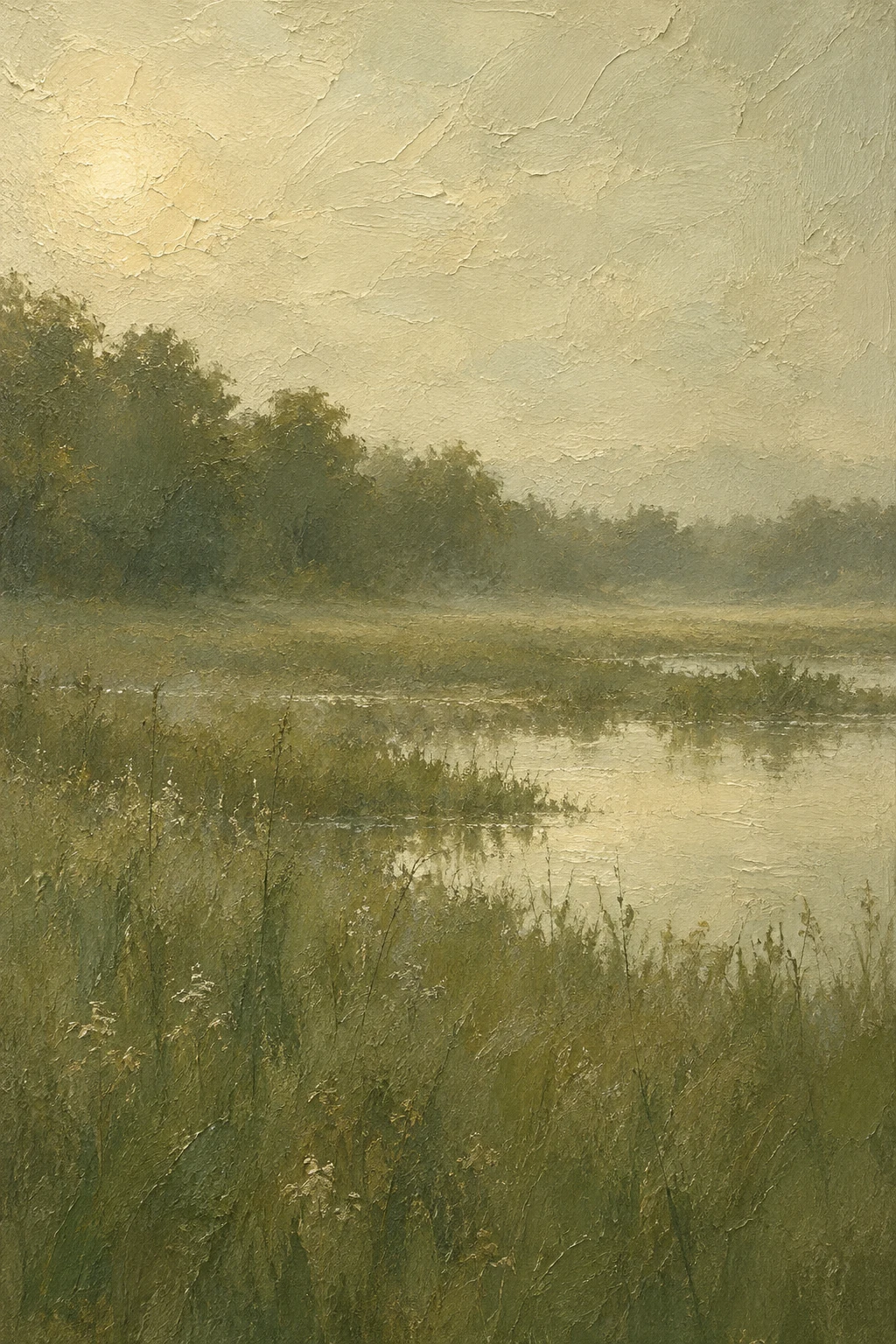 A marsh at first light in olive, stone, cream, sand; portrait artwork.