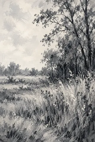 A meadow edge with tall dry grass in gray, cream, charcoal, stone; portrait artwork.
