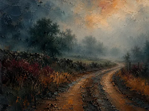 A dirt road curving into fog in black, forest green, sand, taupe; landscape artwork.