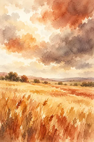 A wheat field under a heavy sky in blush, cream, terracotta, white; portrait artwork.