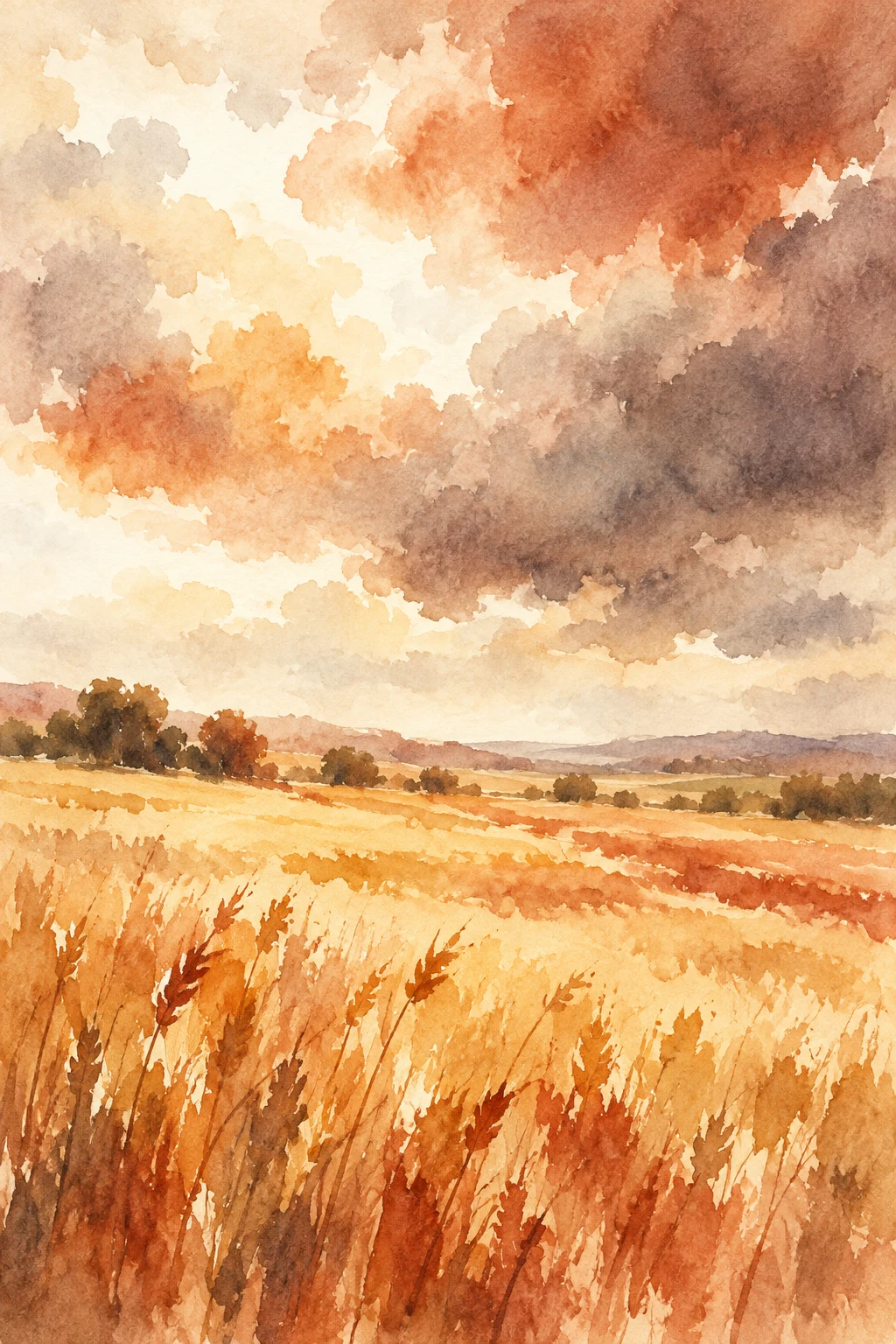A wheat field under a heavy sky in blush, cream, terracotta, white; portrait artwork.