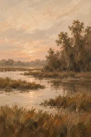 A marsh at first light in brown, stone, sand, taupe; portrait artwork.