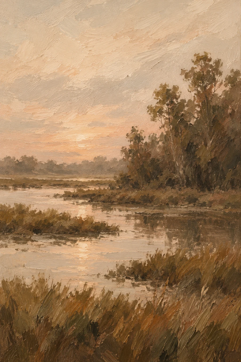 A marsh at first light in brown, stone, sand, taupe; portrait artwork.