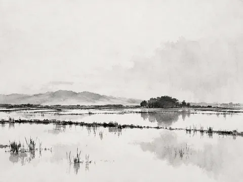 A flooded field reflecting a pale sky in cream, white, stone, gray; landscape artwork.