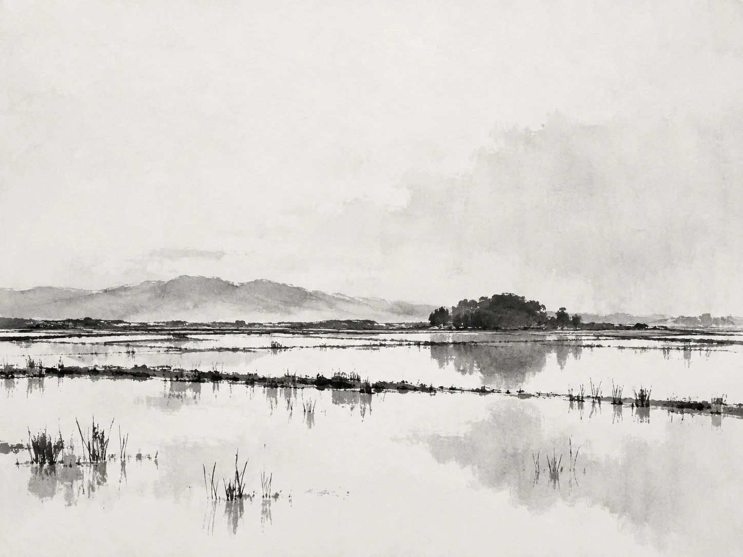 A flooded field reflecting a pale sky in cream, white, stone, gray; landscape artwork.