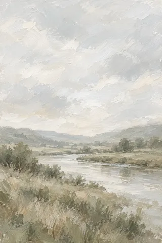 A low river valley under soft overcast light in cream, stone, sage, taupe; portrait artwork.