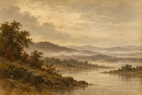Rolling hills dissolving into haze in sand, brown, burgundy, stone; landscape artwork.