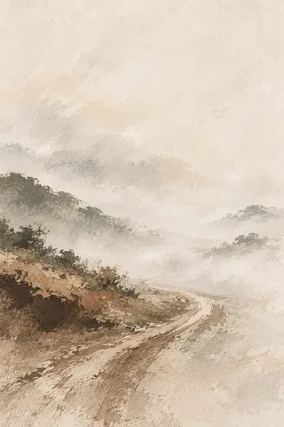 A dirt road curving into fog in cream, stone, sand, olive; portrait artwork.