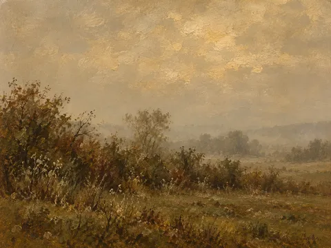 A hedgerow line in mist in sand, brown, burgundy, sage; landscape artwork.