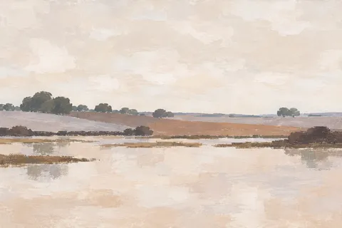 A flooded field reflecting a pale sky in cream, white, taupe, stone; landscape artwork.