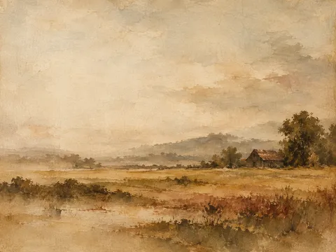 A lone barn far away in a wide field in cream, sand, ochre, stone; landscape artwork.