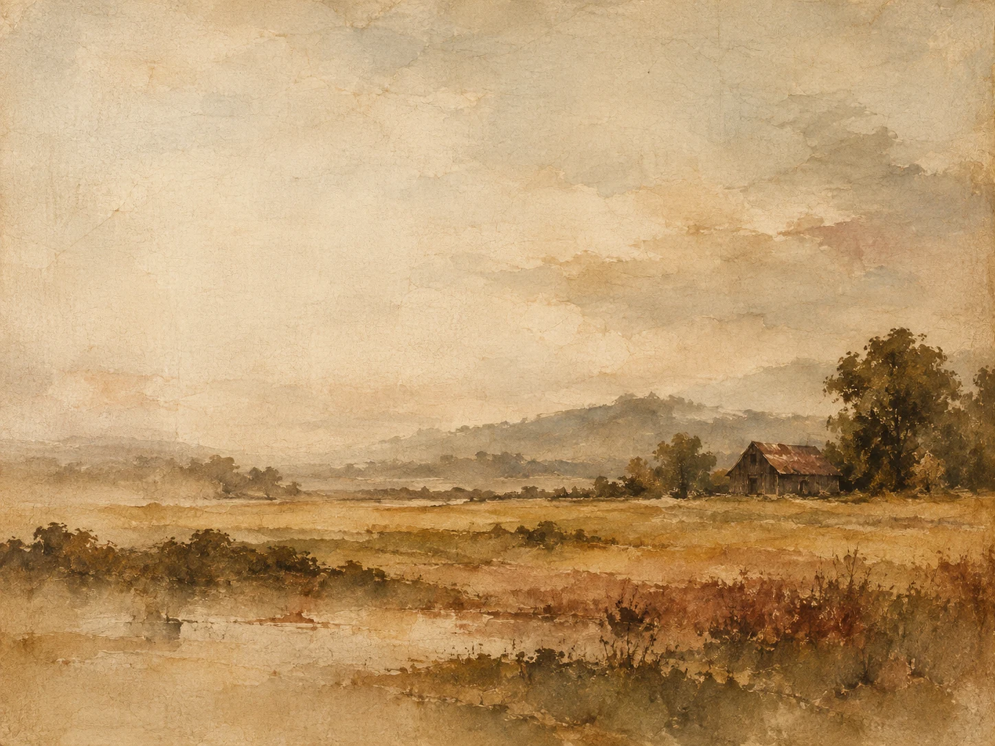 A lone barn far away in a wide field in cream, sand, ochre, stone; landscape artwork.